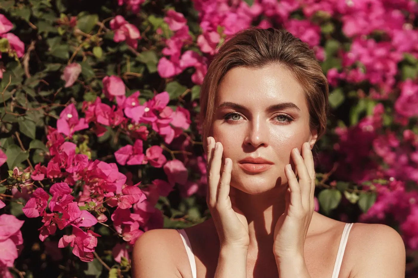 Beautiful blonde woman with smooth skin and natural makeup
